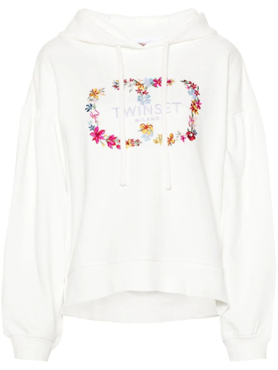 Twinset Floral-embroidered Cotton Hoodie In Cream