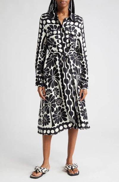 Farm Rio Palermo Long Sleeve Belted Shirtdress In Palermo Black | ModeSens