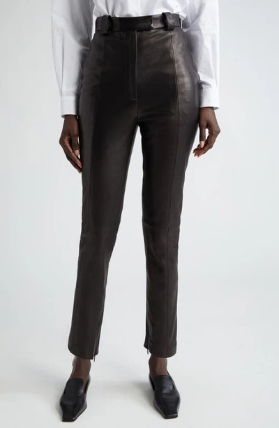 Khaite Waylin High Waist Tapered Ankle Zip Leather Pants In Black