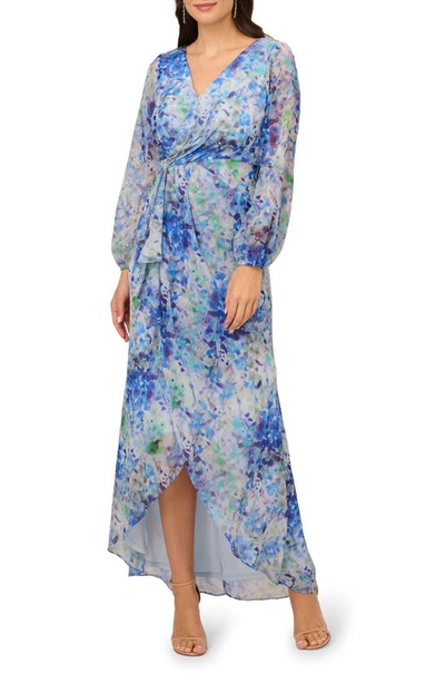 Adrianna Papell Floral Metallic Long Sleeve Chiffon High-low Dress In Blue Multi