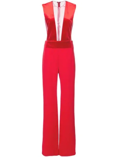 Galvan Gwyneth Velvet And Tulle-paneled Crepe Jumpsuit In Red