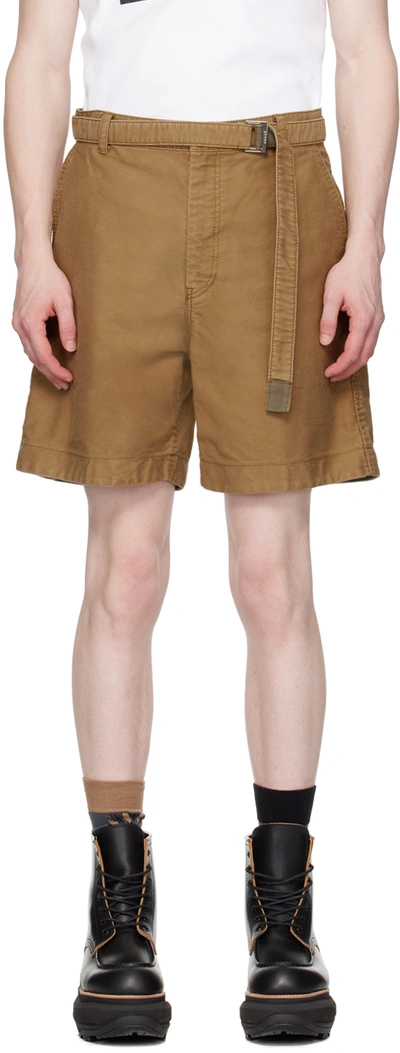 Sacai Pleated Cotton Shorts In Brown