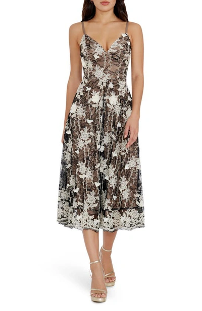 Dress The Population Tahani Embroidered Lace Cocktail Midi Dress In Black-white