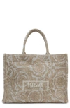 Versace Medium Jacquard Canvas Tote In Beige/  Gold
