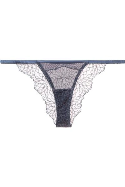 Coco De Mer Lazuli Embroidered Tulle And Stretch Silk-blend Satin Briefs In Blue