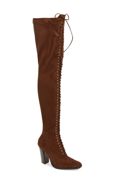 Jeffrey Campbell Olianna Wingtip Over The Knee Boot In Brown Suede