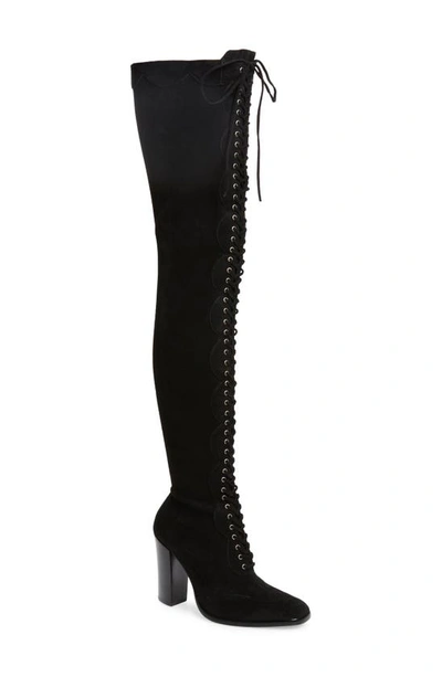 Jeffrey Campbell Olianna Wingtip Over The Knee Boot In Black Suede