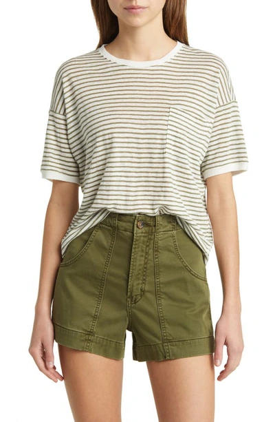 Frame Stripe Boxy Pocket Organic Linen T-shirt In Sage Multi