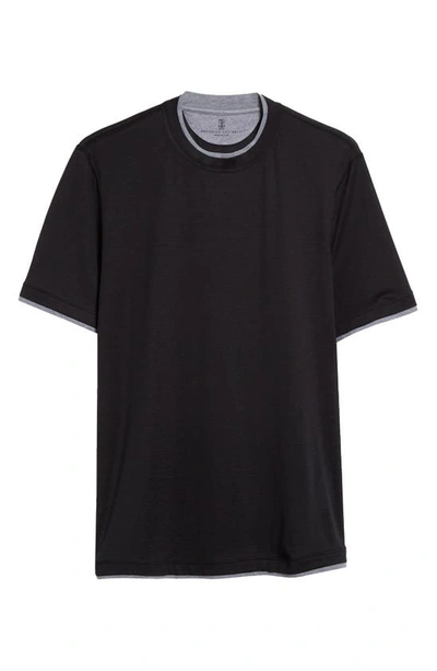 Brunello Cucinelli Tipped Silk & Cotton T-shirt In Ccb75 Nero/ Grigio Medio
