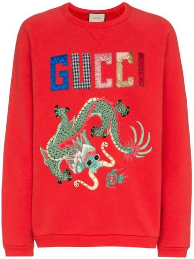Gucci Dragon And Logo-embroidered Cotton-jersey Sweatshirt In Red