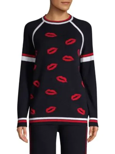 Tse X Sfa Multi-lips Print Athletic Sweater In Navy-red