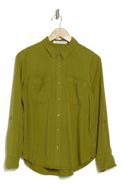 Calvin Klein Jeans Est.1978 Roll Tab Long Sleeve Button-up Shirt In Olive Oil