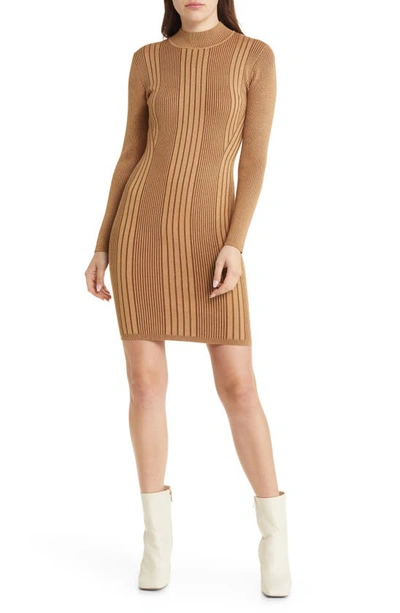 French Connection Mari Rib Long Sleeve Sweater Dress In Tobacco Brown M