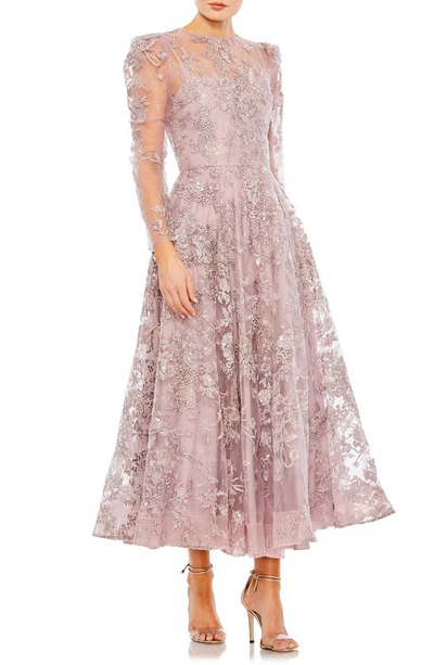 Mac Duggal Sequin Floral Long Sleeve Tulle Midi Dress In Lilac