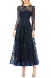 Mac Duggal Sequin Floral Long Sleeve Tulle Midi Dress In Navy