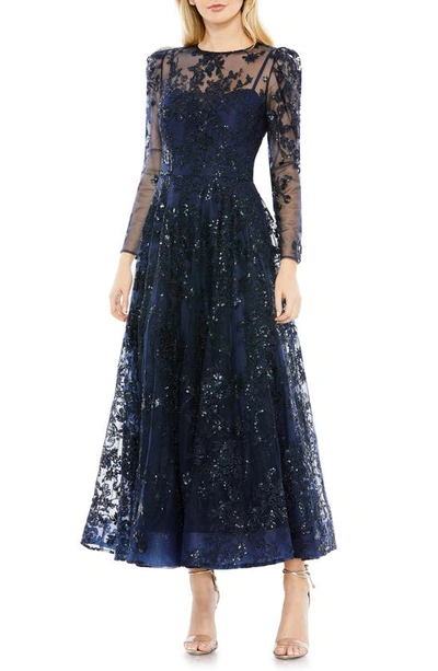 Mac Duggal Sequin Floral Long Sleeve Tulle Midi Dress In Navy