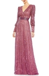 Mac Duggal Sequin Stripe Long Sleeve Mesh Gown In Multi