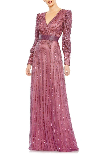 Mac Duggal Sequin Stripe Long Sleeve Mesh Gown In Mauve