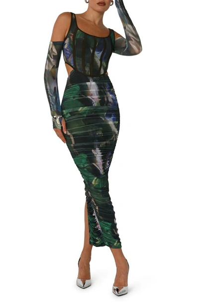 By.dyln Aria Abstract Print Cold Shoulder Long Sleeve Mesh Dress In Green Print