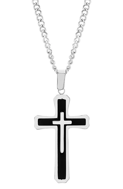 Maison Kitsuné Two-tone Stainless Steel Cross Pendant Necklace In Silver/ Black