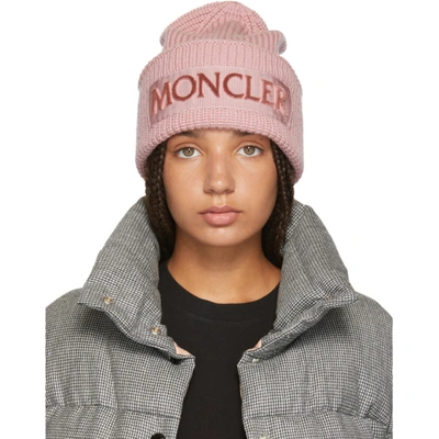 Moncler Velvet-logo Wool Beanie Hat In 515 Blush