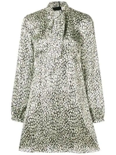 Saint Laurent Tie-neck Long-sleeve Empire-waist Metallic Leopard-print Dress In Neutrals