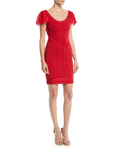 Herve Leger Off-the-shoulder Tulle & Lace Body-con Cocktail Dress In Red