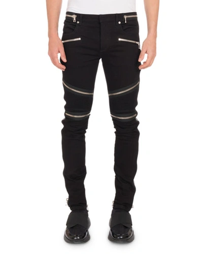 Balmain Men's Nervures Skinny Jeans With Zip Embellishments In Black