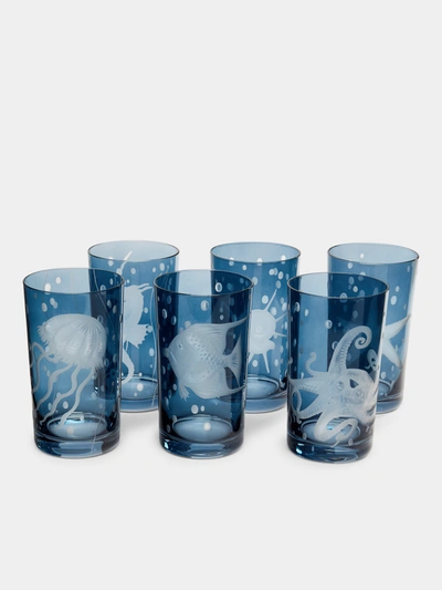 Artel Frutti Di Mare Hand-engraved Crystal Tall Tumblers (set Of 6) In Blue