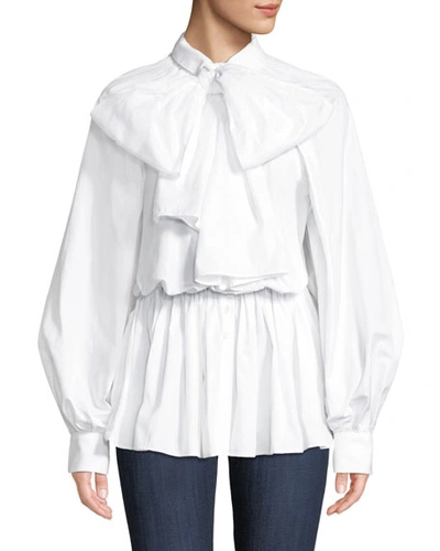Anais Jourden Poplin Tie-neck Button-front Blouse In White