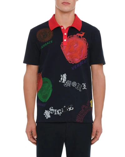 Versace Men's Graphic Print Polo Shirt In Blue