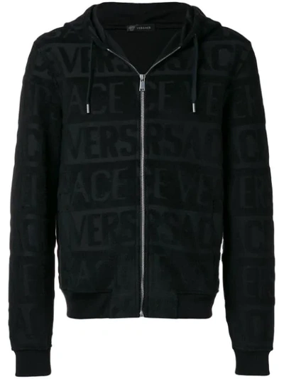 Versace Men's Zip-front Logo-embossed Hoodie Sweatshirt In Black
