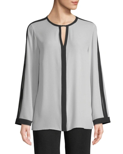 Misook Silky Keyhole-front Blouse W/ Contrast Trim, Marble/black