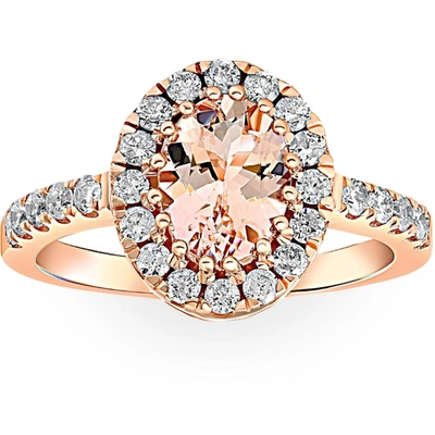 Pompeii3 1 1/2 Ct Oval Morganite & Diamond Halo Ring 14k Rose Gold In Multi