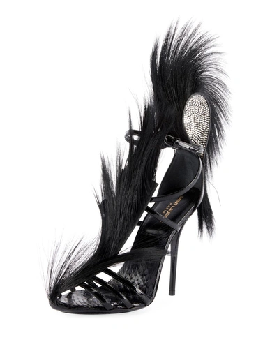 Saint Laurent Jamie Python Sandals With Fur In Black