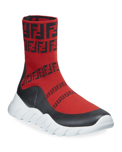 Fendi Men's Ff Print Sock Boot Sneakers, Red