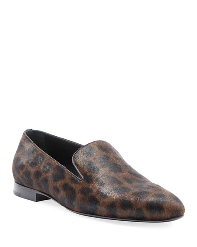 Saint Laurent Men's Leopard Calf Hair Smoking Slipper In Black