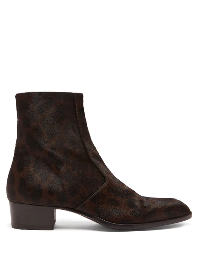 Saint Laurent Wyatt 40 Calf Hair And Leather Ankle Boots In Brown