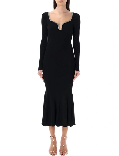 Self-portrait Knit Diamante Trim Midi Dress In Black