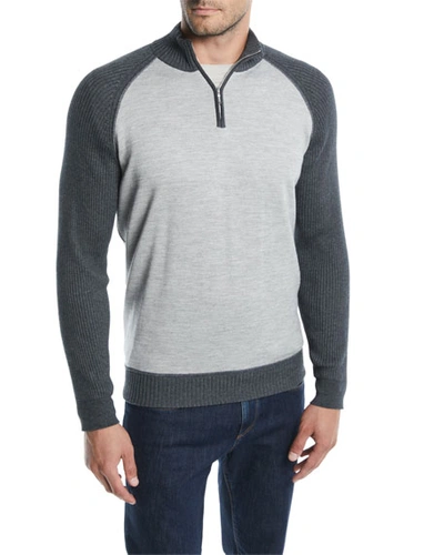 Loro Piana Men's Cashmere-cotton Half-zip Sweater In Gray