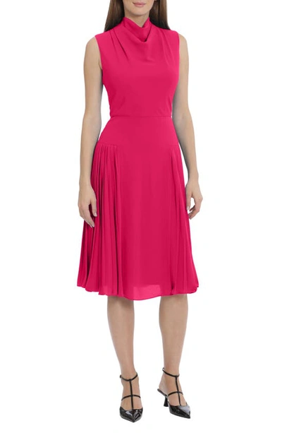 Maggy London Cowl Neck Sleeveless Pleated Midi Dress In Pink Peacock