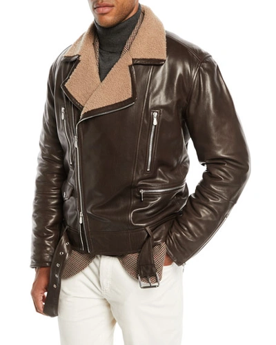 Brunello Cucinelli Men's Shearling-lined Leather Moto Jacket In Ebony
