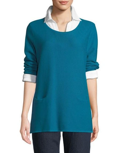 Joan Vass Two-pocket Cotton Sweater In Teal