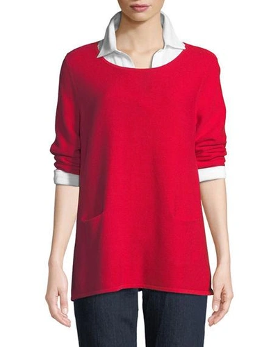 Joan Vass Two-pocket Cotton Sweater, Plus Size In Classic Red