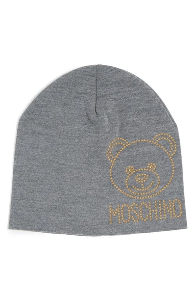 Moschino Teddy Bear Studded Wool Beanie In Light Grey