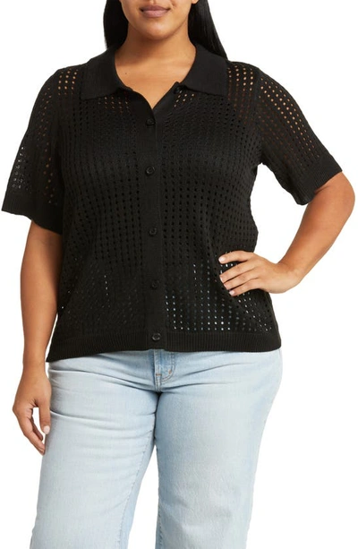 By Design Zena Openwork Button-up Shirt In Black