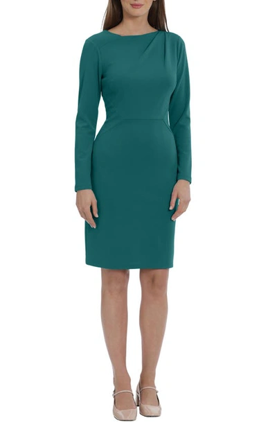 Maggy London Pleated Long Sleeve Shift Dress In Teal Green