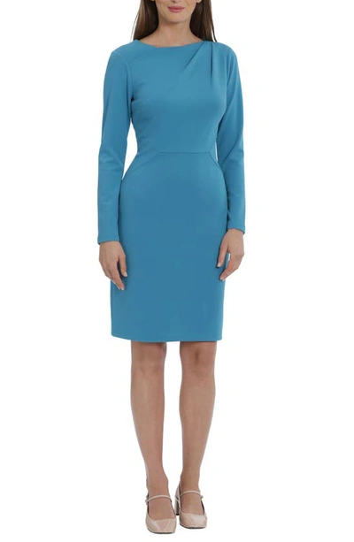 Maggy London Pleated Long Sleeve Shift Dress In Mosiac Blue