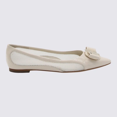 Ferragamo Ivory Leather And Mesh Varina Flats In White