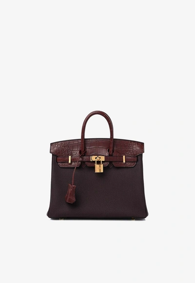 Hermes Birkin 25 Touch In Rouge Sellier Togo And Bourgogne Matte Alligator With Gold Hardware In Brown